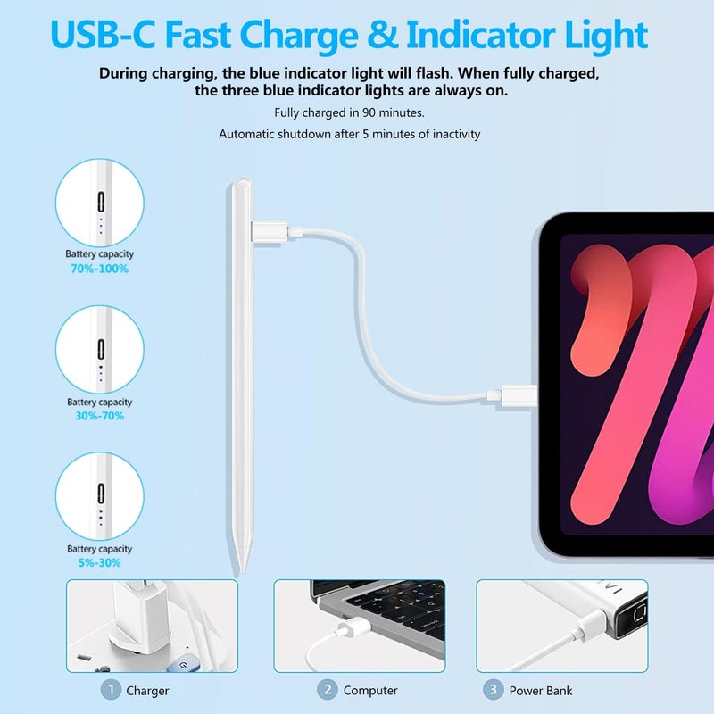 Cc Store Stylus Pen for iPad 2018-2025-15 Mins Fast Charge,Palm Rejection & Tilt Sensitive Stylus Pen for iPad A16-11/10/9/8/7/6th Gen, Air 3/4/5/M2/M3, Mini 5/6th, Pro 12.9/11/13-inch M4(White) - Image 5